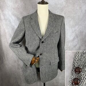 Harris Tweed Blazer Jacket Men 44 Gray Herringbone Sport Coat VTG Wool